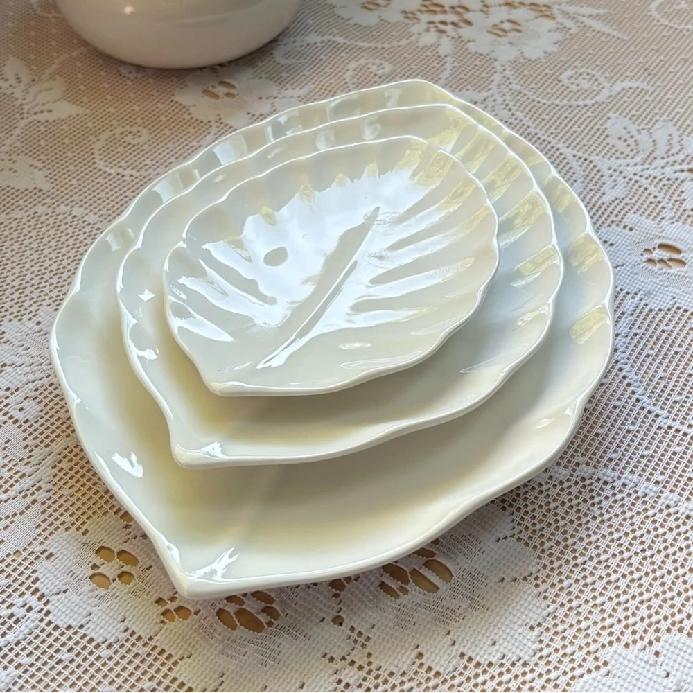 Crate&Barrel Anna II Set of 3 Palm Leaf White Porcelain Trays